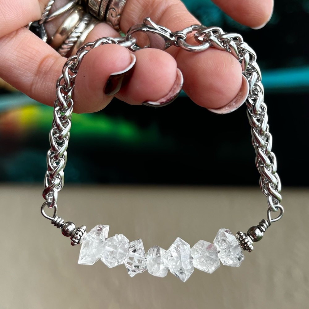 ✨ 7 big genuine herkimers diamonds stainless steel wheat chain crystal bracelet - Picture 7 of 14